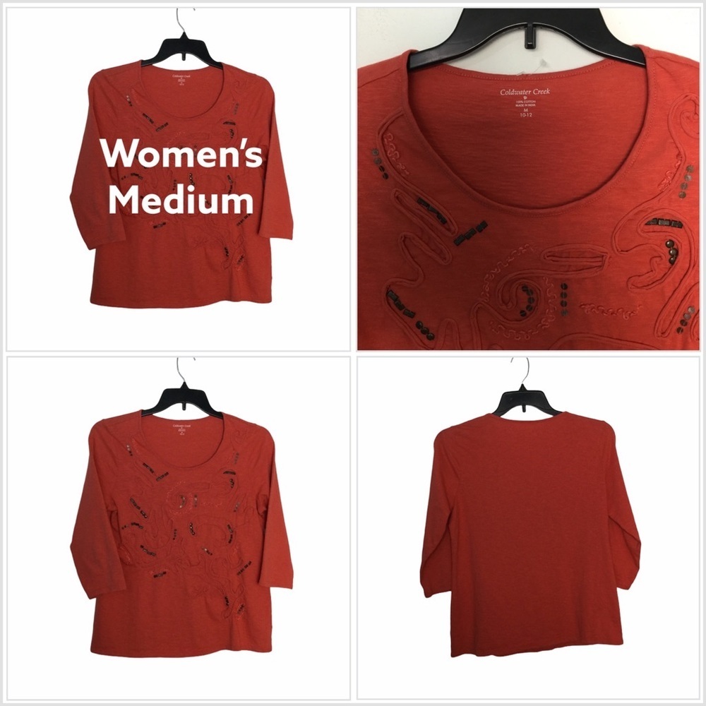 Coldwater Creek M Medium 8 - 10 Shirt Top 3/4 Sleeve Spice Leaf Black Crew NWOT